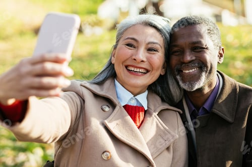 Preview: Storytelling image of a multiethnic senior couple in love