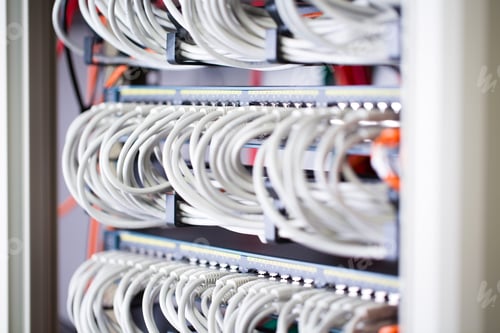 Preview: Gigabit network switch and perfect aligned patch cables in datacenter