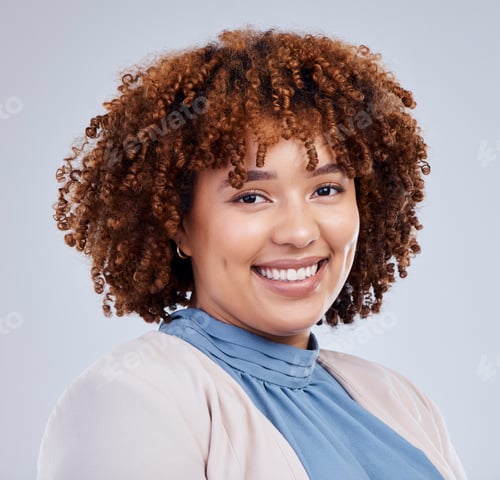 Preview: Smile, portrait and woman in studio with fashion, good mood and positive attitude on grey backgroun