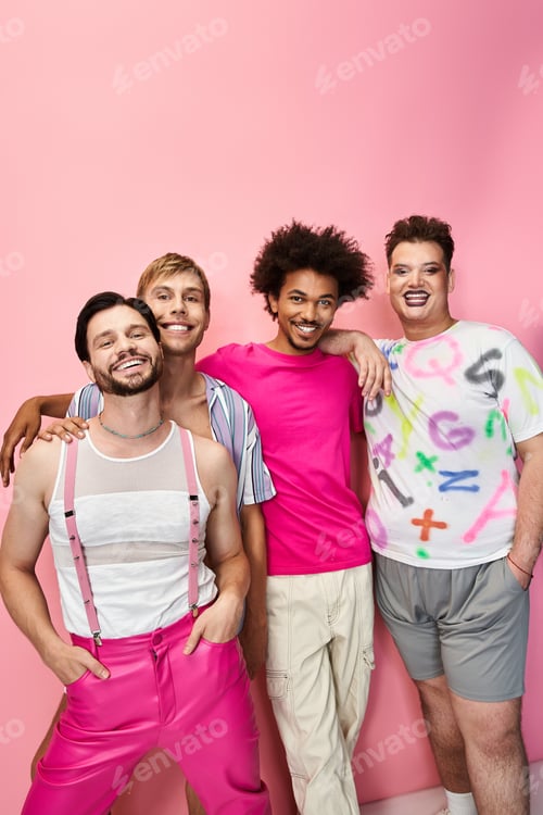 Preview: Vibrant queer friends celebrating pride with colorful attire against a pink backdrop