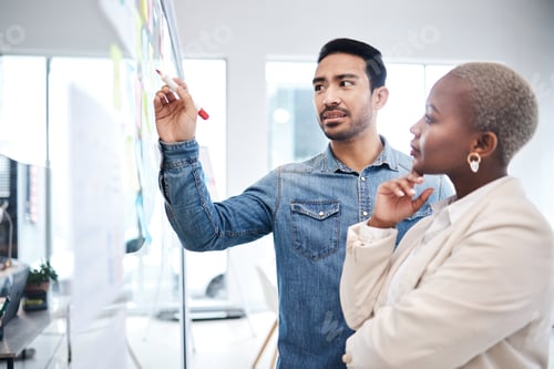 Preview: Creative people, writing and thinking on glass board for schedule planning, strategy or brainstormi