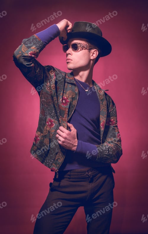 Preview: One Young Adult Model Posing, Fashion Photography, Looking Up, Pink Background