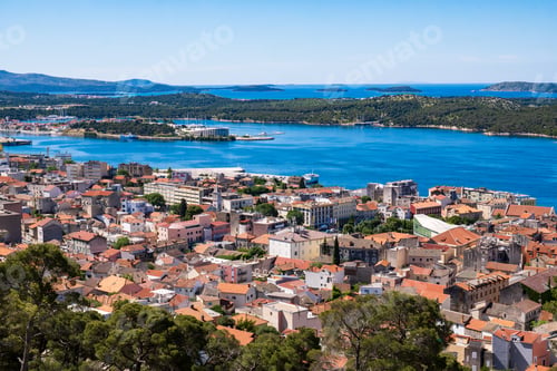Preview: Aerial view of the Sibenik, Croatia. Beautiful old city of Sibenik, town center and adriatic sea