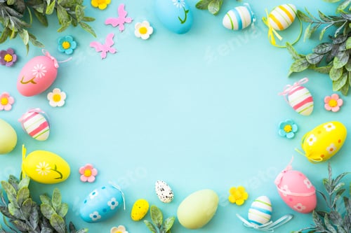 Preview: Easter background with Eggs and spring flowers at blue background.