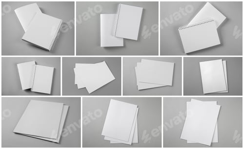 Preview: Open blank brochures on grey background, collage
