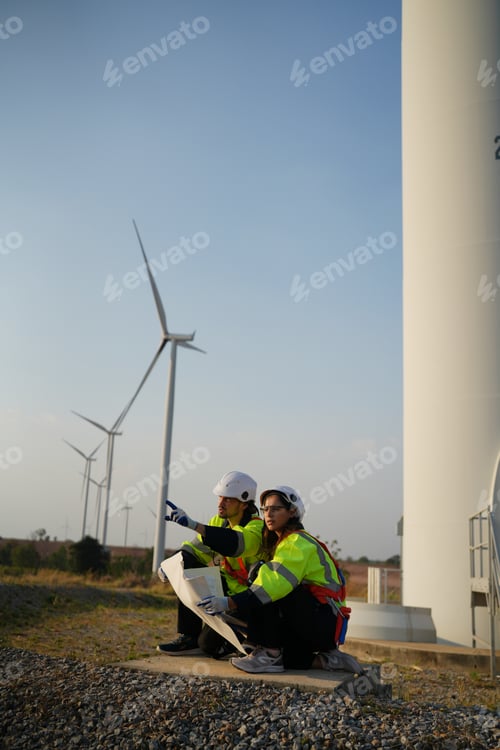 Preview: Sustainable energy industry - Engineers working at alternative renewable wind energy farm