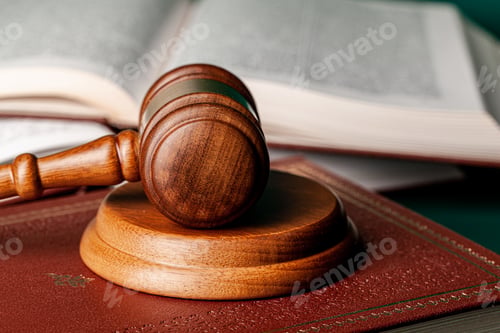 Preview: Close up of a brown wooden gavel and book