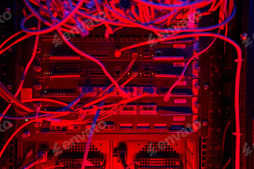 Preview: Shot of database center with multiple fiber optic wires