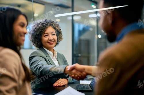 Preview: Happy bank manager shaking hands with a couple during the meeting.