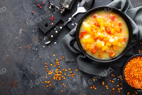 Preview: Red lentil soup with vegetables. Vegetarian food