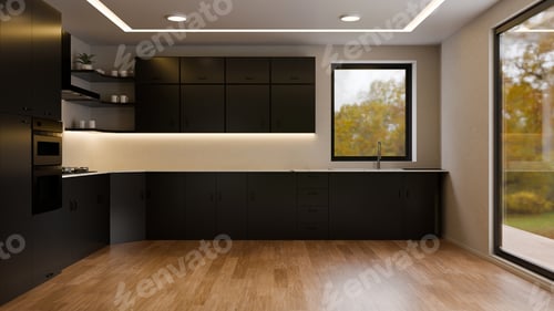 Preview: Front view on black kitchen interior with wooden floor room open space 3D render