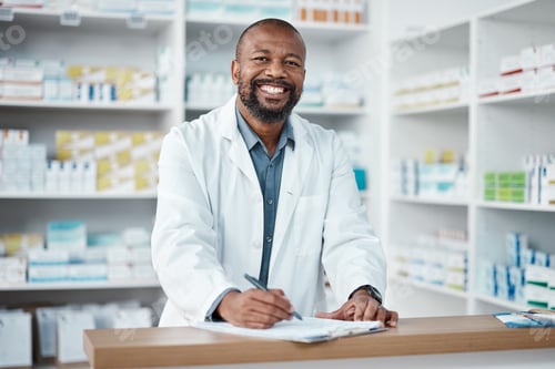 Preview: Pharmacy, portrait and black man with clipboard, medicine and pill prescription. African American m