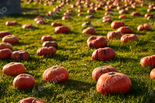 Preview: Lots of pumpkins in field warming in sun rays.
