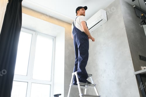 Preview: Happy Male Technician Repairing Air Conditioner.