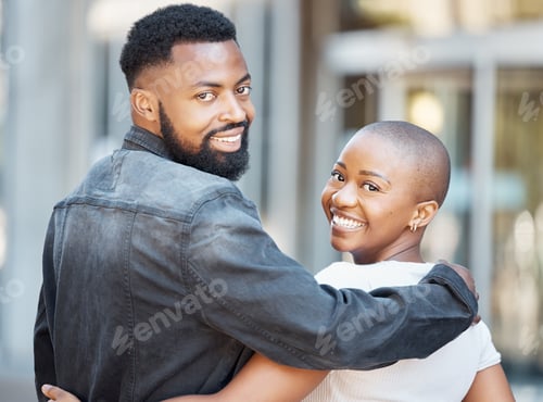 Preview: Back, black couple and portrait in city for love, care and happiness on date together in Nigeria. H