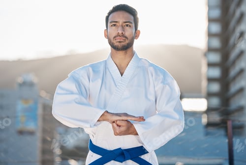 Preview: Karate, exercise and focus with a sports man in the city for self defense training or a combat work