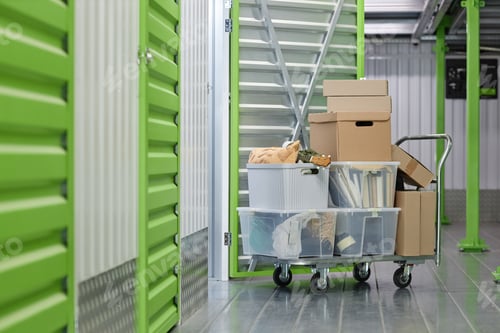 Preview: Boxes with Home Stuff Loaded on Transportation Trolley in Self Storage at Warehouse