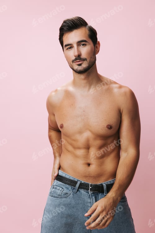 Preview: Naked man fitness torso background body belt pink lifestyle sexy jeans muscular sport muscle