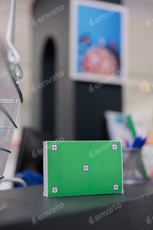 Preview: Green screen mock up chroma key vitamins packages standing on counter desk in health care facility