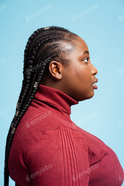 Preview: Side view of attractive serious African American woman with stylish braids wearing casual clothes