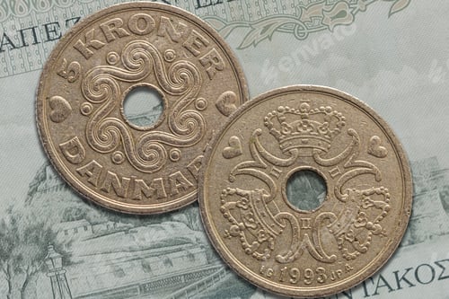 Preview: Danish krone coin obverse and reverse. Currency of Denmark, Faroe Islands and Greenland