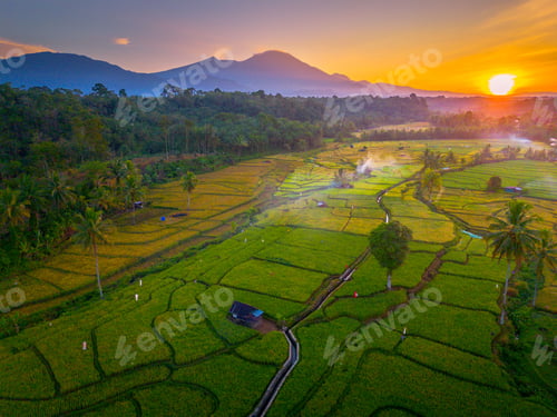Preview: Beautiful morning view in Indonesia, panoramic landscape of rice fields with mountain