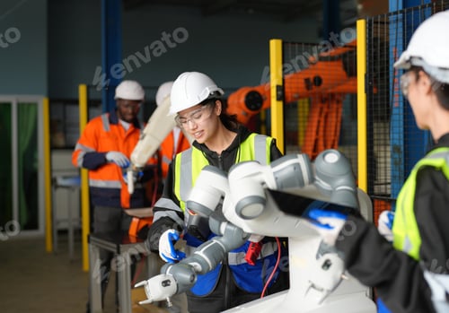 Preview: Female Engineer check and control automation robot arms machine in factory. robotics manufacturing.