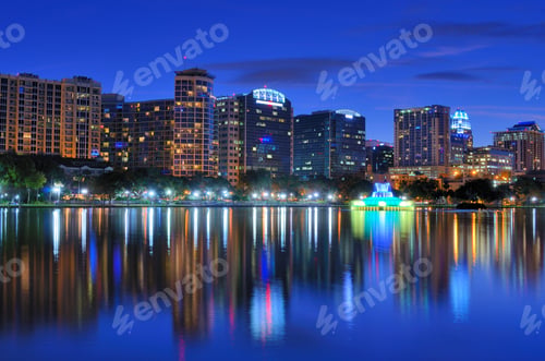 Preview: Orlando, Florida Skyline At Eola Lake.