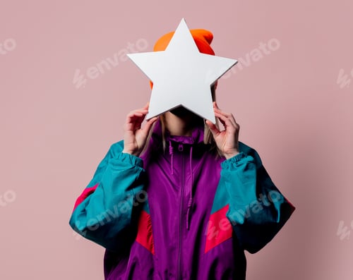 Preview: Style girl in 80s sportsuit hold star shape banner on pink background
