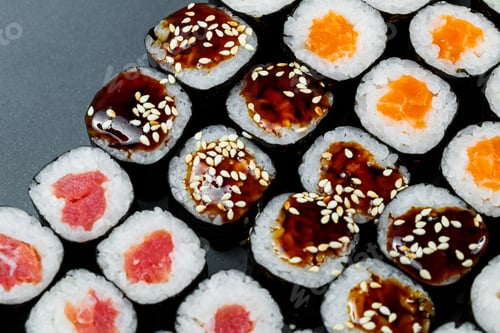 Preview: Japanese food. Rolls with ripe avocado, red fish, salmon, fresh rice with vegetables in nori. Set