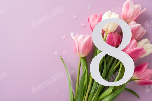 Preview: Celebrating Women's Day: A top view capturing the figure 8 amidst a vibrant array of tulips