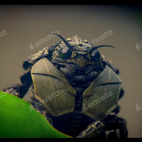 Preview: Illustration of black spider with samurai, armor suit, ultra realistic, robotic, insect.