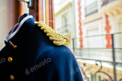 Preview: Detail of the embroidered golden insignia of a dark blue military man's suit.