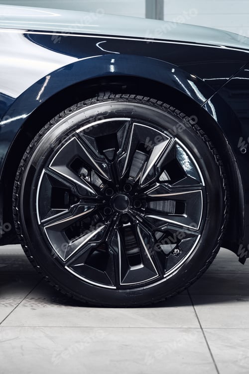 Preview: Detailed close-up of a sleek black car wheel showcasing modern design and craftsmanship in a well