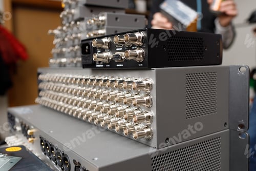 Preview: Commutation panel of telecommunication video switcher broadcast for TV channel translation