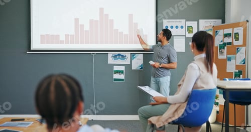 Preview: Presentation, business man and screen charts, graphs or data analytics in workshop, seminar or meet