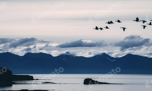 Preview: Majestic Mountain Landscape with Birds Flying Over Water