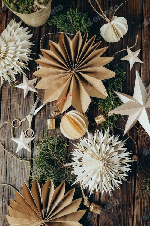 Preview: Christmas decor made of beige paper, Christmas origami