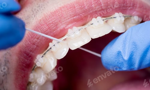 Preview: Dentist cleaning teeth with ceramic brackets, using floss at the dental office.