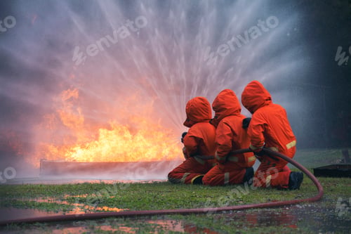 Preview: Firefighter Rescue training in fire fighting extinguisher. Firefighter fighting with flame