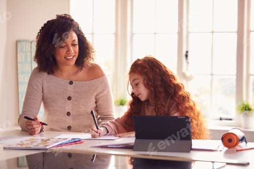 Preview: Mother Helping Daughter With Homework Sitting At Kitchen Counter Using Digital Tablet Together