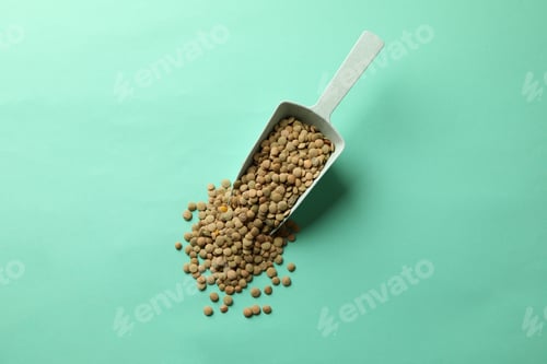 Preview: Scoop with legumes on mint background, top view