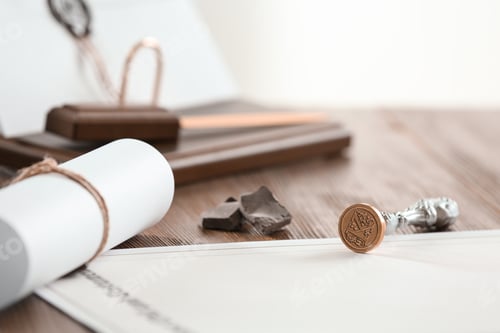 Preview: Vintage notary stamp and documents on wooden table, closeup. Space for text
