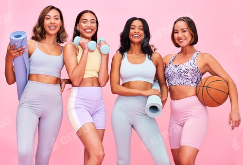 Preview: Fitness, girl friends and happy portrait with fitness, workout and sport training gear in studio. W