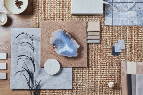 Preview: Flat lay of creative architect moodboard composition