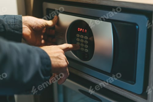 Preview: Adult man in blue jacket uses safe in the hotel room