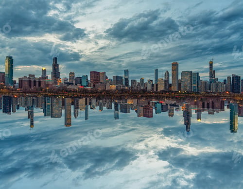 Preview: Scene of Chicago Cityscape river side along Lake Michigan at beautiful twilight time,