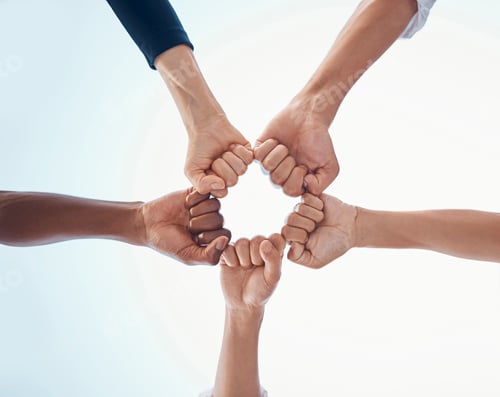 Preview: Fist bump, support and trust in team with team building motivation and success together. Hands, fis