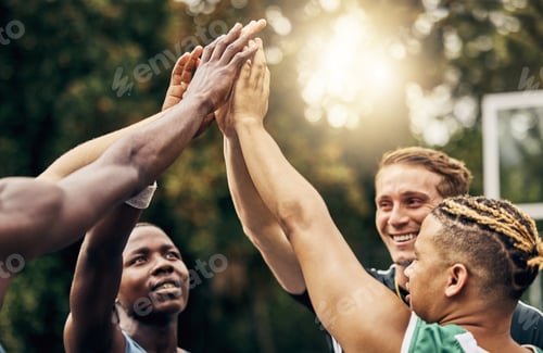 Preview: High five, basketball and teamwork success hands, motivation and target goal. Winner mindset, visio