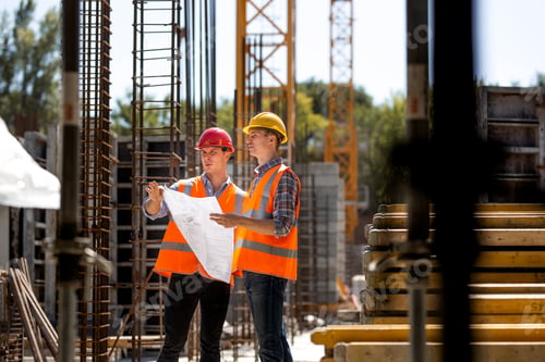 Preview: Construction manager and engineer dressed in orange work vests and hard helmets explore construction